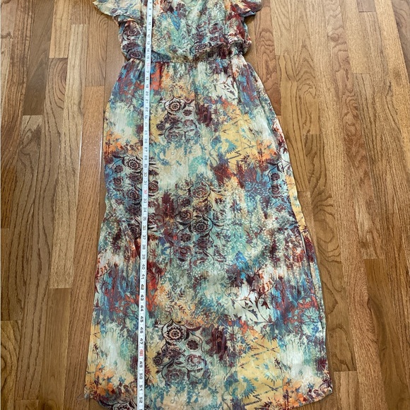 Nine West Cold Shoulder Maxi Dress | Abstract Floral Watercolor Print | Size 2 - Picture 8 of 12